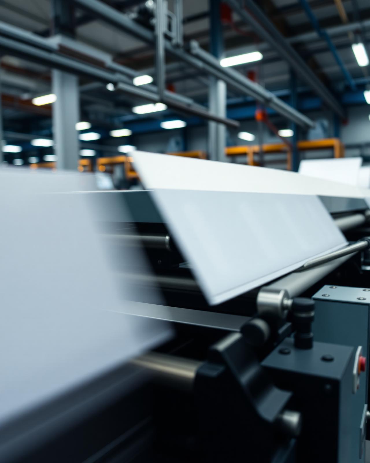 High-speed industrial printing press stamping out direct mail envelopes